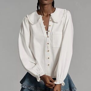 Pilcro White Denim Ruffled Kierra Collar Blouse
